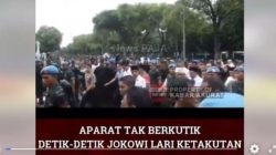 Jepretan layar sebuah akun di Facebook mengunggah video berjudul “Aparat Tak Berkutik, Detik-detik Jokowi Lari Ketakutan” yang berlatar belakang demo tolak kenaikan BBM.