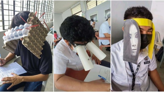 mahasiswa di Filipina memakai topi anti nyontek