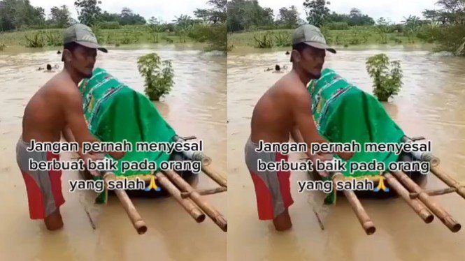 Viral Warga Seberangi Jenazah Pakai Ban Lantaran Banjir