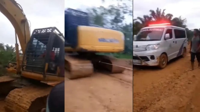 Viral! Mobil Ambulans Bawa Jenazah Dibantu Excavator di Jambi